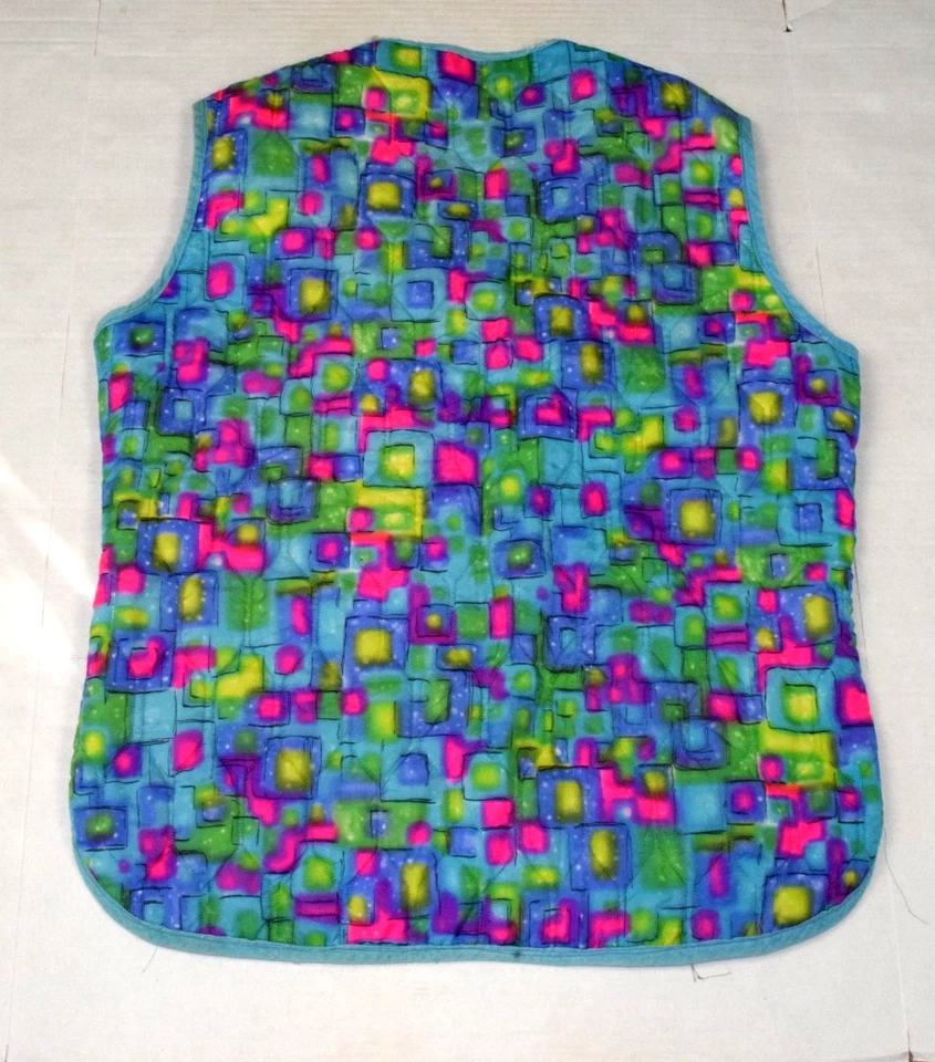 Vintage Mod Vest Size L 60s 70s Blue Psychedelic Neon Squares Quilted Nylon - Image 2 of 4
