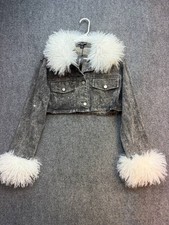 PrettyLittleThing Petite Gray Cropped Denim Jacket US 4 Faux Fur Trim NWT