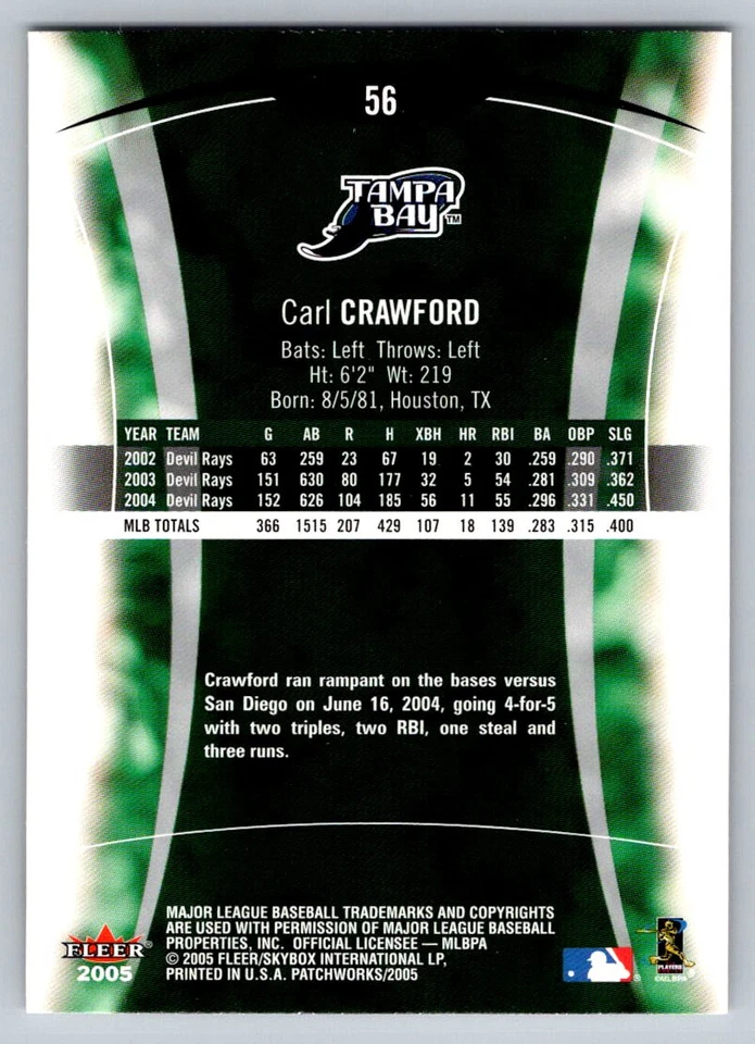 2005 Fleer Patchworks #56 Carl Crawford Tampa Bay Devil Rays - Image 2 of 2