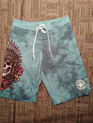 Affliction Board Shorts Swim Trunks Men's 32 Skull Graphic Turquoise Drawstring 