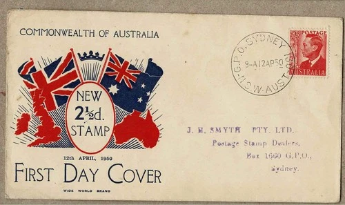 Australia 1950 WW Wide World  2½d KGVI to JH Smyth FDC Cover