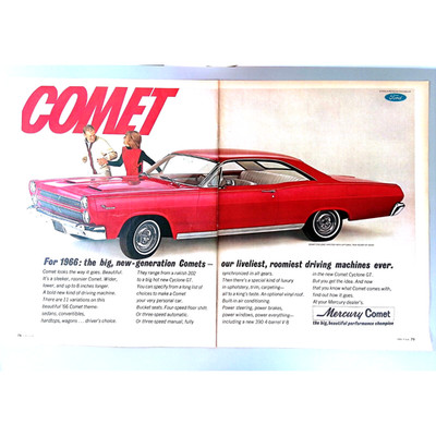 1966 Mercury Car Print Ad Comet Liveliest Driving Machine 2 Page Ad 21x13