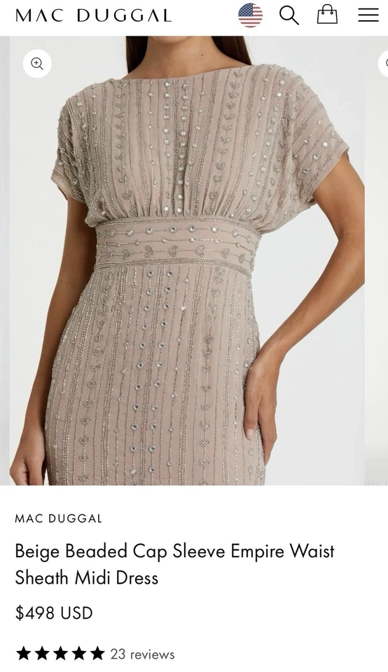Vestido midi Mac Duggal 93649 talla 16 moca beige con cuentas cintura imperio $498 Foto 2 de 4