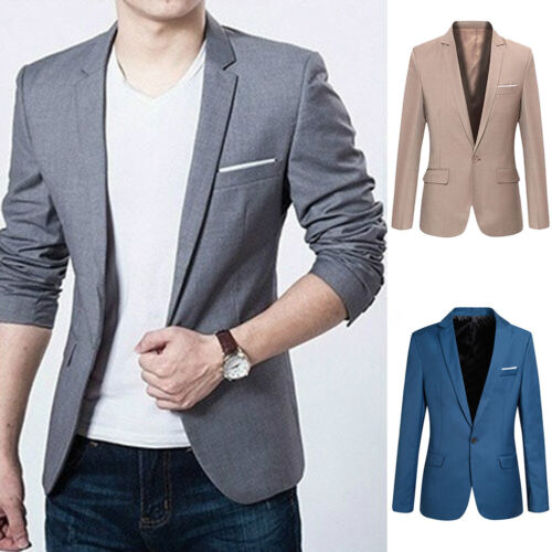 Men's Casual Slim Formal Business Suit Blazer Button Soild Coats Jacket Tops - Picture 1 of 13