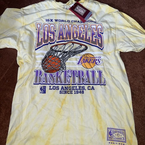 T-shirt uomo Mitchell & Nes NBA Los Angeles Lakers tie dye gialla nuova con etichette taglia M $40