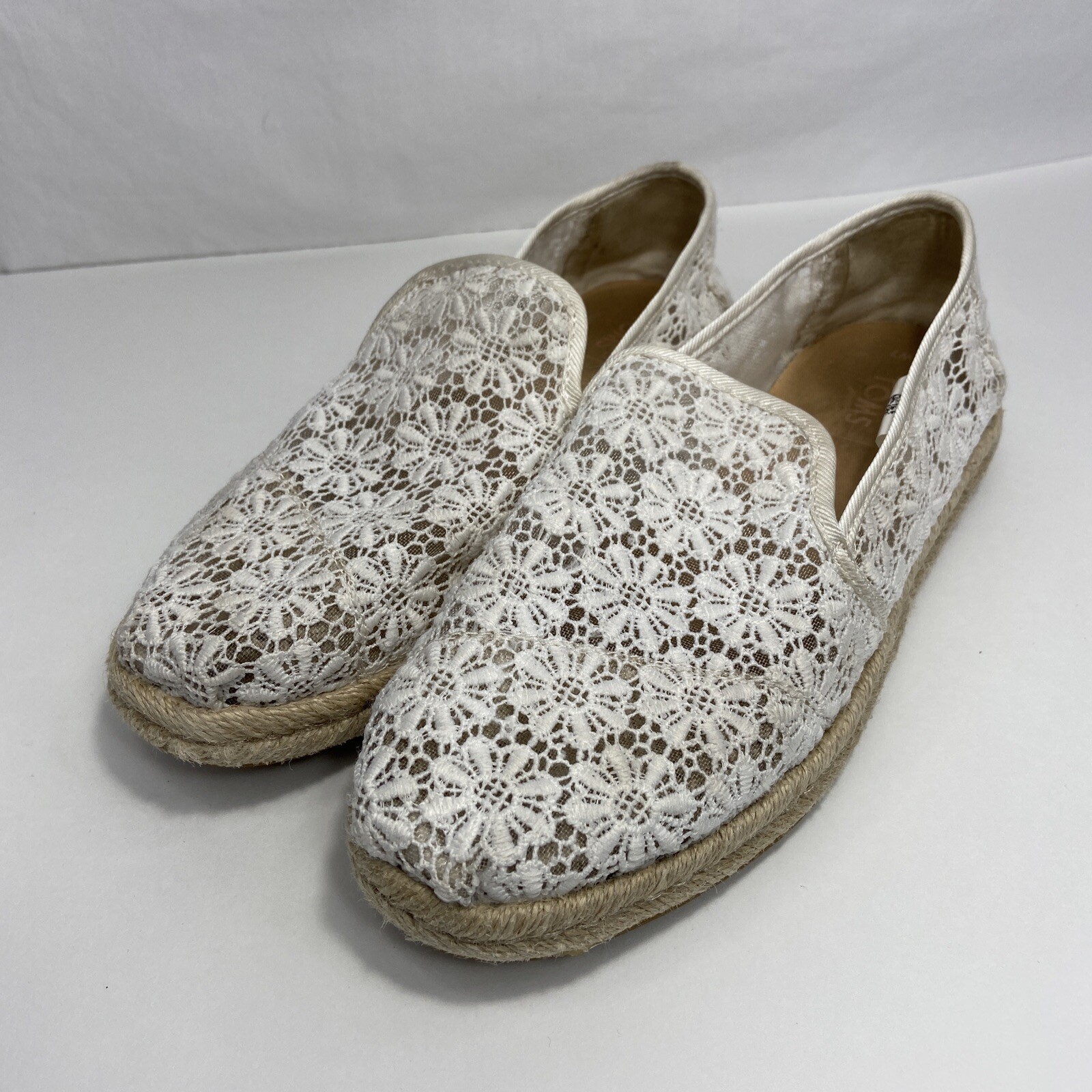 TOMS Alpargata Rope Slip On Flower Lace Pattern White Lace Women's