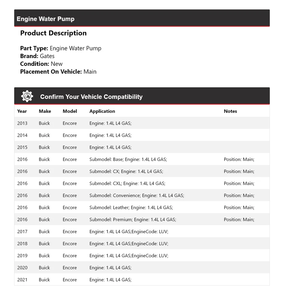 Para Buick Encore 2013-2021 1,4 L L4 Motor Gas Bomba Agua Puertas 2014 2015 2016 Foto 2 de 4