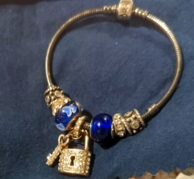 Original Pandora OXIDAT Armband + 3 Pandora mit QC Bead mit Goldschloss plus 2 Spac