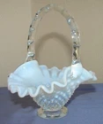 VINTAGE FENTON GLASS WHITE RUFFLED OPALESCENT HOBNAIL BASKET 6” 1940-1956