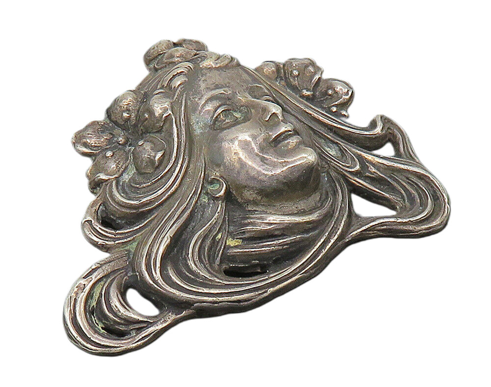925 Sterling Silver Vintage Dark Tone Woman's Face Floral Brooch