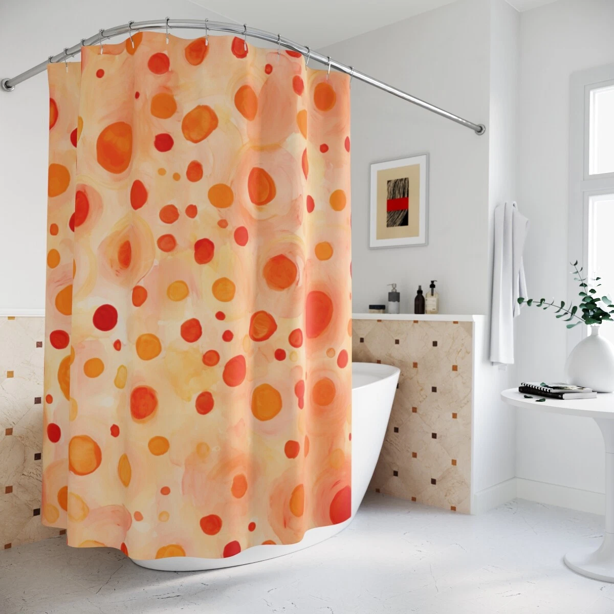Shower Curtain Red Orange Peach Salmon Sherbet Polka Dot Polkadot Pattern Print