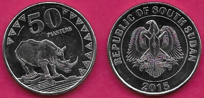 SOUTH SUDAN 50 PIASTRES 2015 UNC 1 YEAR TYPE,NORTHERN WHITE RHINOCEROS,COAT OF A