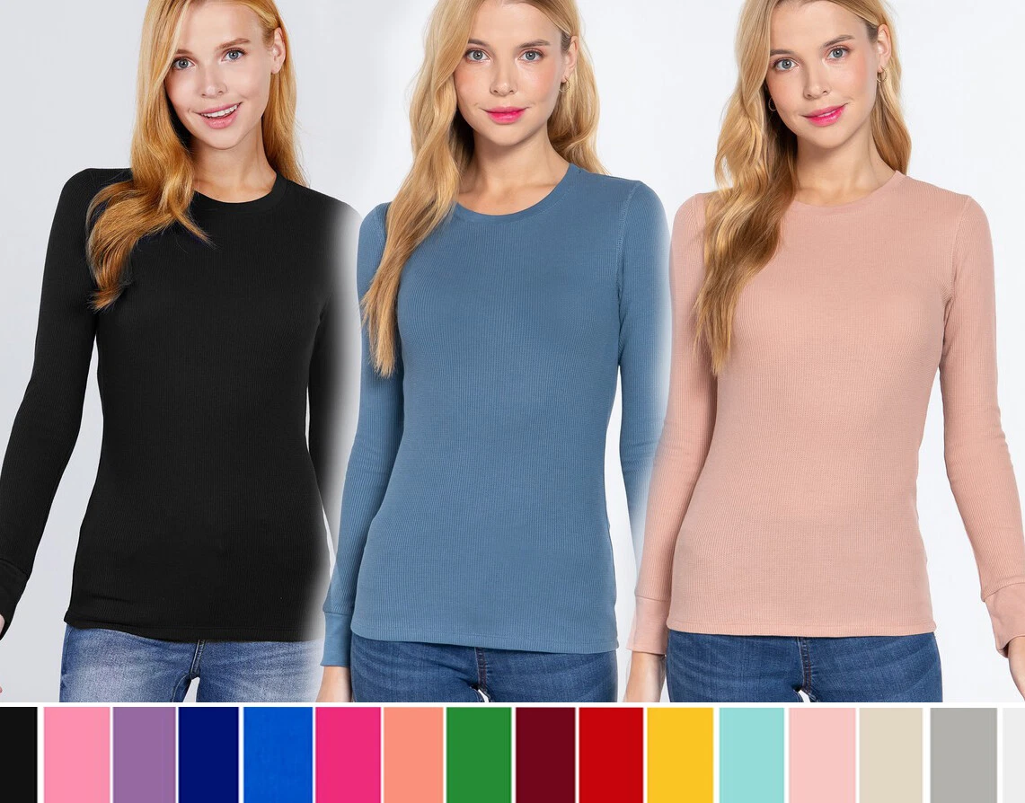 Women's Crew Neck Thermal Shirt Top Stretch Cotton Long Sleeve