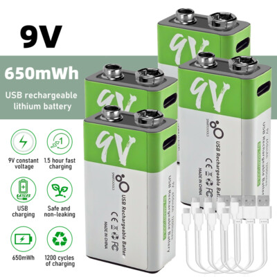 Li-ion USB Rechargeable 9V Battery 1200mAh 9 Volt Lithium Ion Batteries Pack Lot