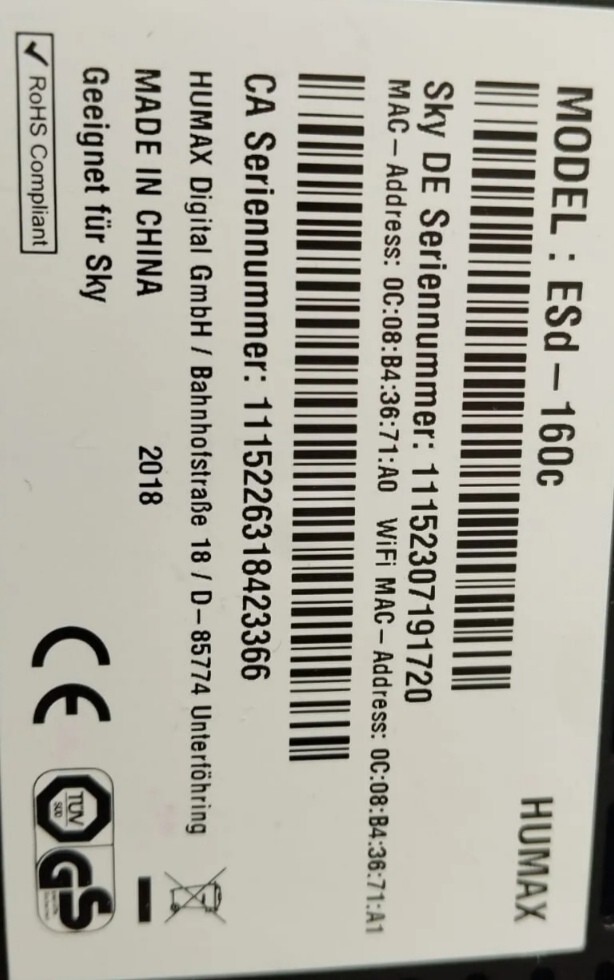 SKY Q Esd160 c Kabel HD Receiver mit 1 TB Festplatte in OVP An BASTLER