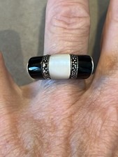 Vintage 925 Sterling Silver Black Onyx Mother of Pearl Marcasite Ring Size 5.75