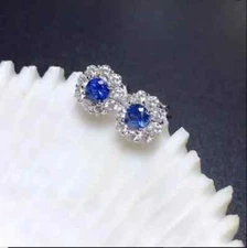 3Ct Lab Created Round Blue Sapphire Halo Stud Earrings 14K White Gold Finish