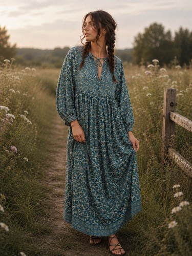 Free People Hazy Maisy Floral Maxi Dress Forest Combo Small Boho Prairie Cottage