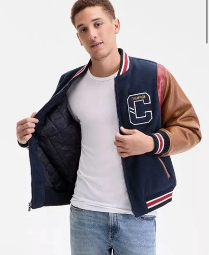 Champion Men's Mixed Media Varsity Bomber Jacket Navy Brown (LARGE) CH5RP290 🐅 image 15