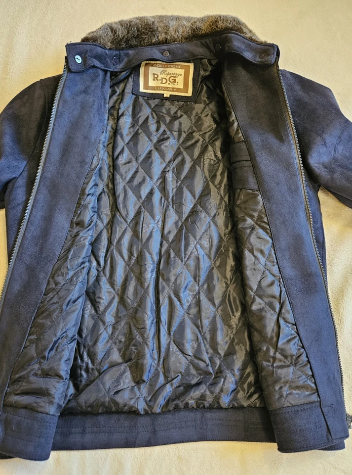 Мужская синяя кожаная RDG Италия репортаж роскошная куртка с меховой отделкой размер маленький - Изображение 4 из 4