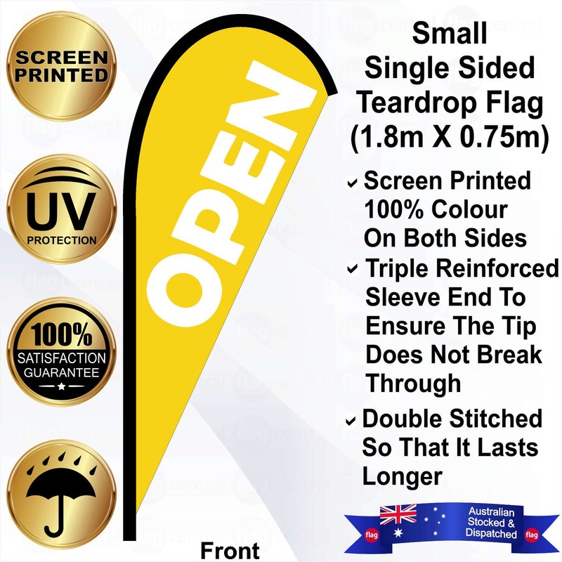 F - OPEN Yellow 2.4m Teardrop Flag / Banner Kit with Pole Set, Galvanised Steel Ground Spike, Steel Outdoor Cross Base, Free 15kg Water Bag and a Free Carry Bag - 1