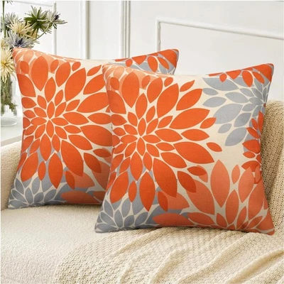 2er Set Dekokissenbezüge Leinen 45x45 cm Orange Grau Wohnzimmerkissen - Bild 1 von 4
