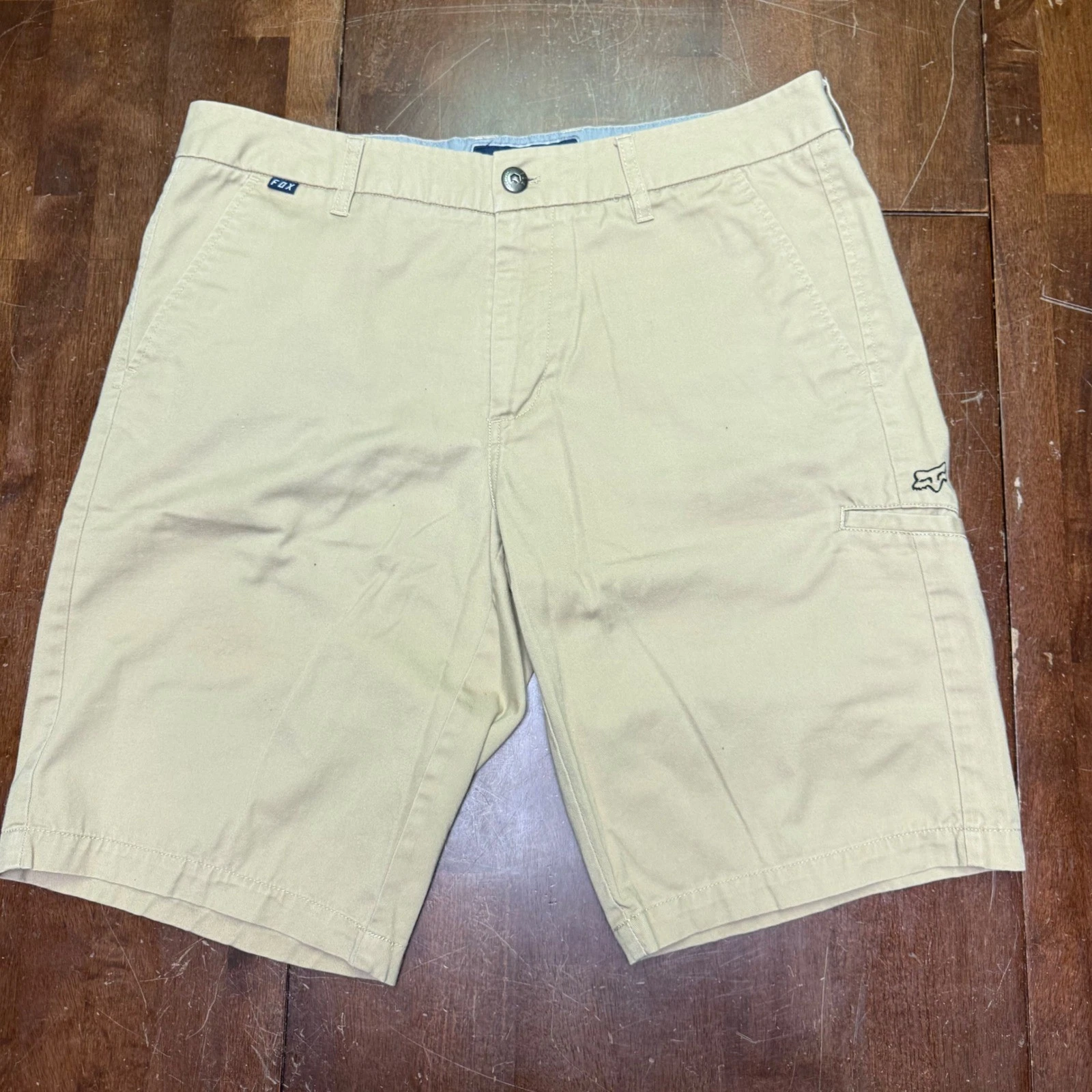 Fox Chino Shorts Mens 34 Tan Khaki Embroidered Logo Twill Casual Flat Front 11"