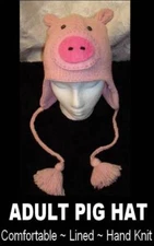 deLux PIG HAT Knit ADULT pigtail FLEECE LINED mens women QUALITY animal ski cap