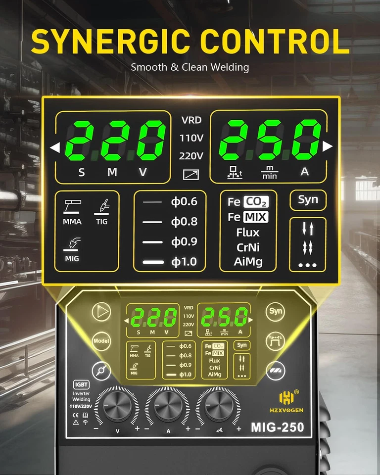 HZXVOGEN 6in1 Aluminium MIG Welder 250 Amp Gas Gasless MIG MMA Wig Welder - Image 3 of 4