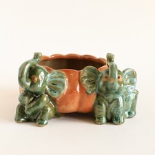 Majolica Elephant Planter Bowl Lucky Trunks Up Two Baby Elephants By Pumpkin
