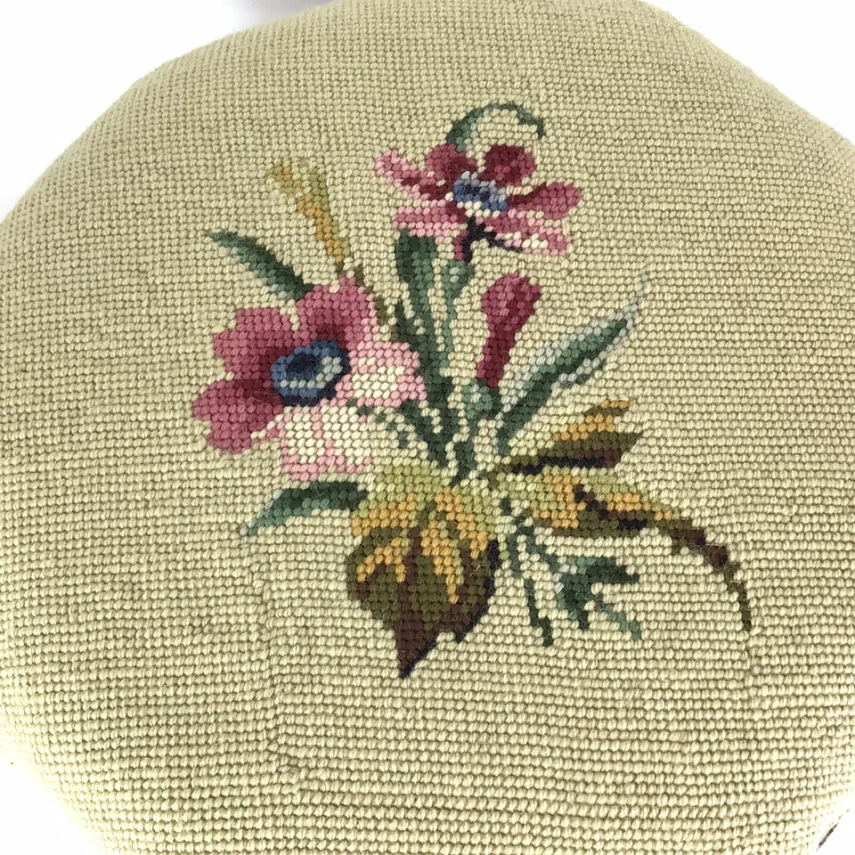 Wool Needlepoint Footstool Wood Base Legs Round Tan Floral Vintage - Image 2 of 4