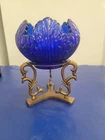 Fenton Blue Opalescent Lotus Candle Holder Rose Bowl Vase 6.5” Base Included.