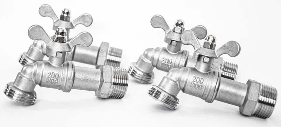 Grifo de acero inoxidable de 3/4" - Manguera de barril de lluvia de cuarto de vuelta Bibb MNPT x MHT WOG Foto 3 de 4