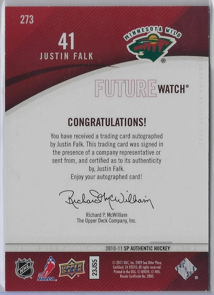 2010-11 SP Authentic Future Watch Auto Justin Falk 952/999 - Image 2 of 2