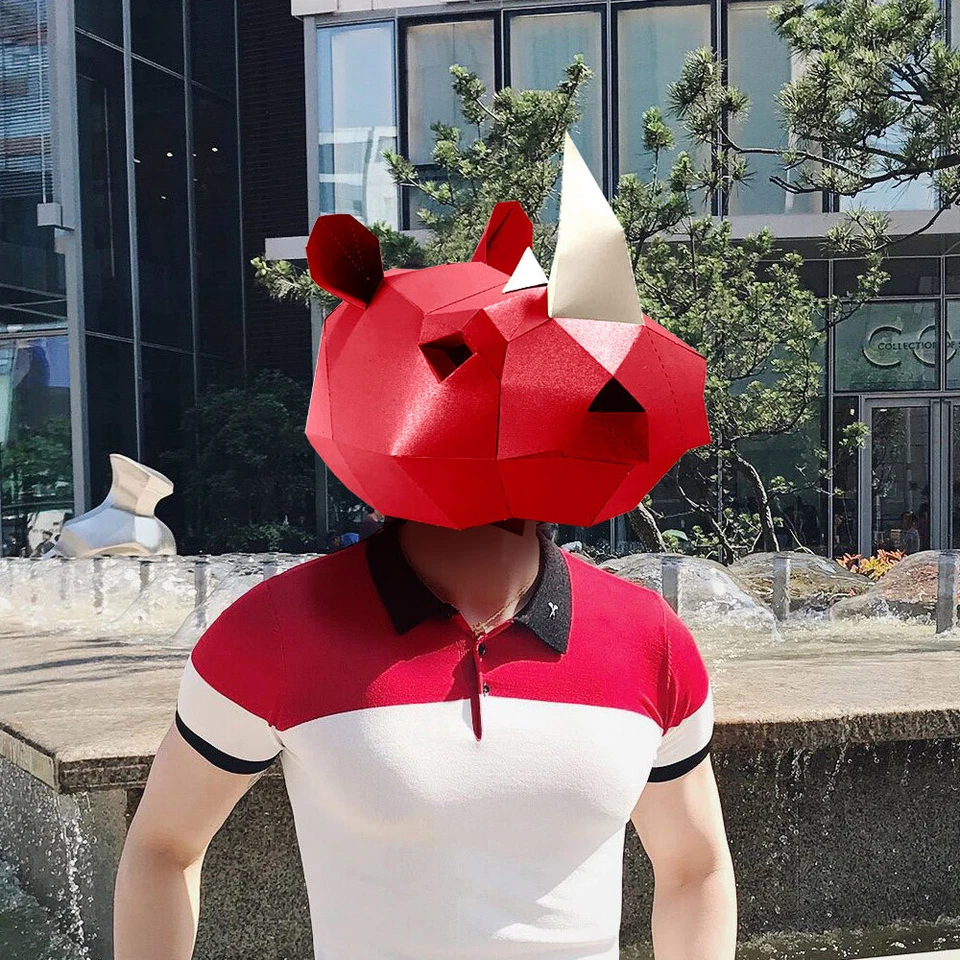 Paper Mask Rhinoceros Halloween Costume Rhino Cosplay Paper Craft Model Mask - Image 4 of 4