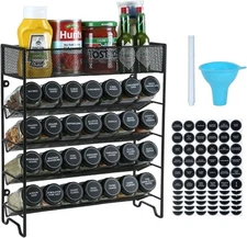 Seasoning rack storage box with 28 seasoning jars and black lids