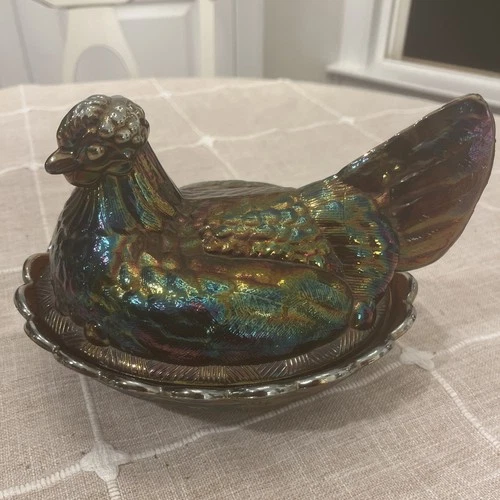 Rare Vintage Fenton HON Carnival Glass Hen On Nest Big Bertha Chips As Pictured