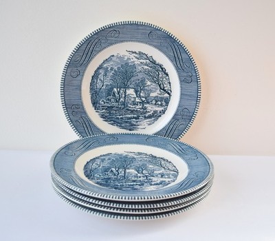 5 Currier & Ives Blue by Royal Dinner Plates The Old Grist Mill