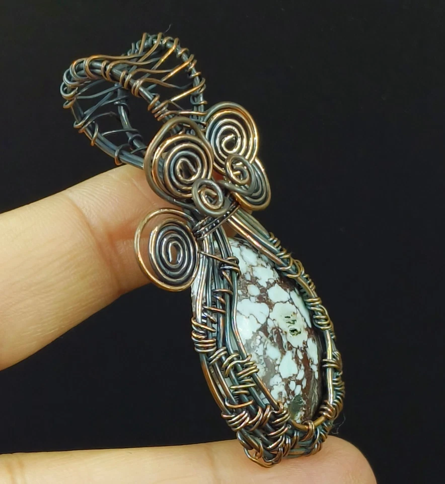 Copper Wire Wrapped Handmade Jewellery Porcelain Jasper Gemstone Pendant - Image 2 of 4