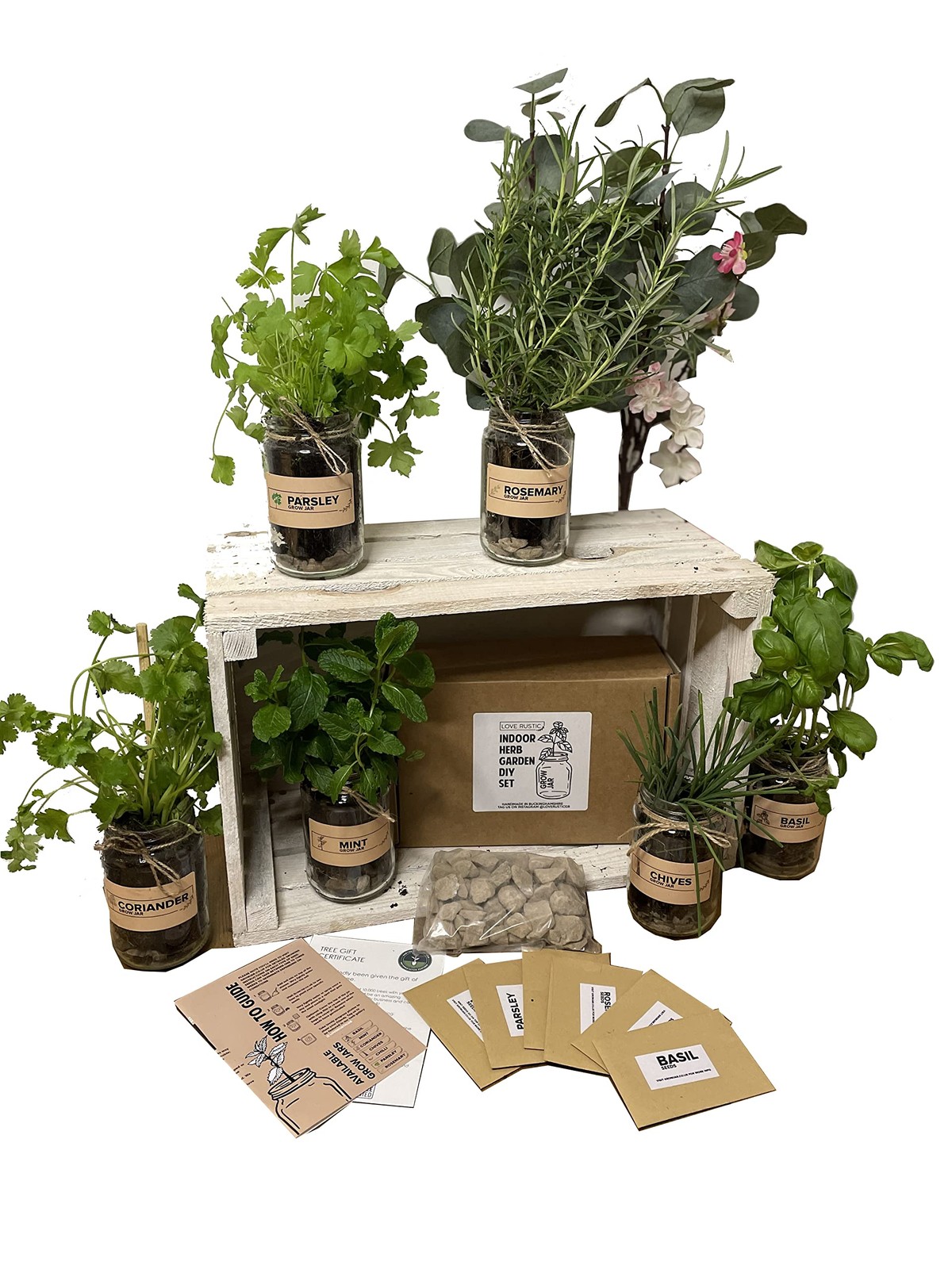 Set of 3: Indoor Herb Garden in Jars Rustic Grow Your Mint, Basil, Coriander