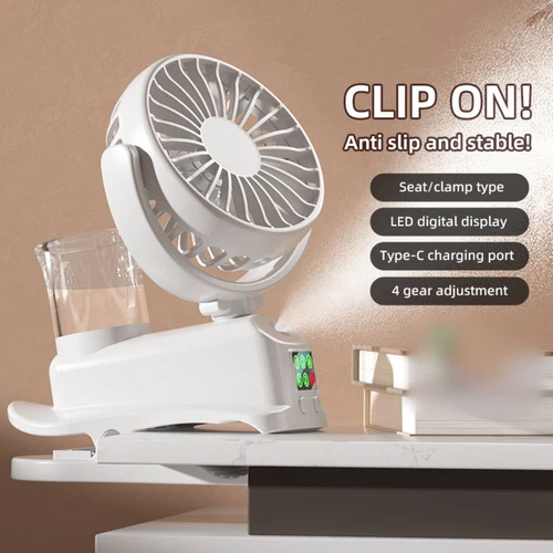 Mini Clip On Ventilator 360 Grad Rotation und 4 Geschwindigkeiten Nebelfunktion