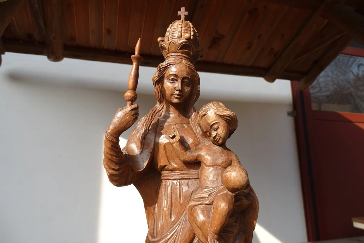 c.1970 Heilige MARIA mit JESUSKIND 42cm Mondsichel Madonna HOLZFIGUR SKULPTUR
