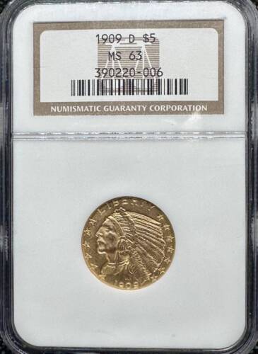 1909 D Gold Half Eagles $5 Indian Head NGC MS-63 - Picture 1 of 2