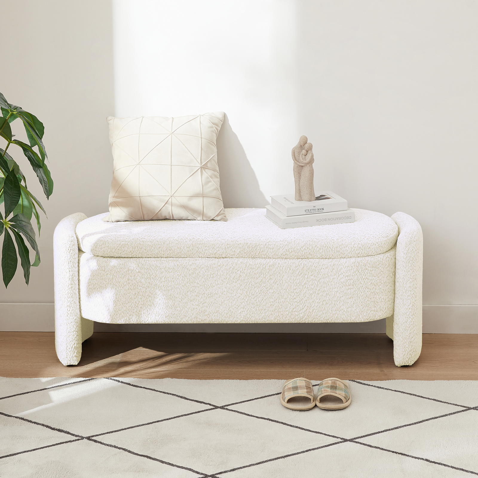 Oval Cream White Lamb Fleece Storage Bench with Large Living Room Space  