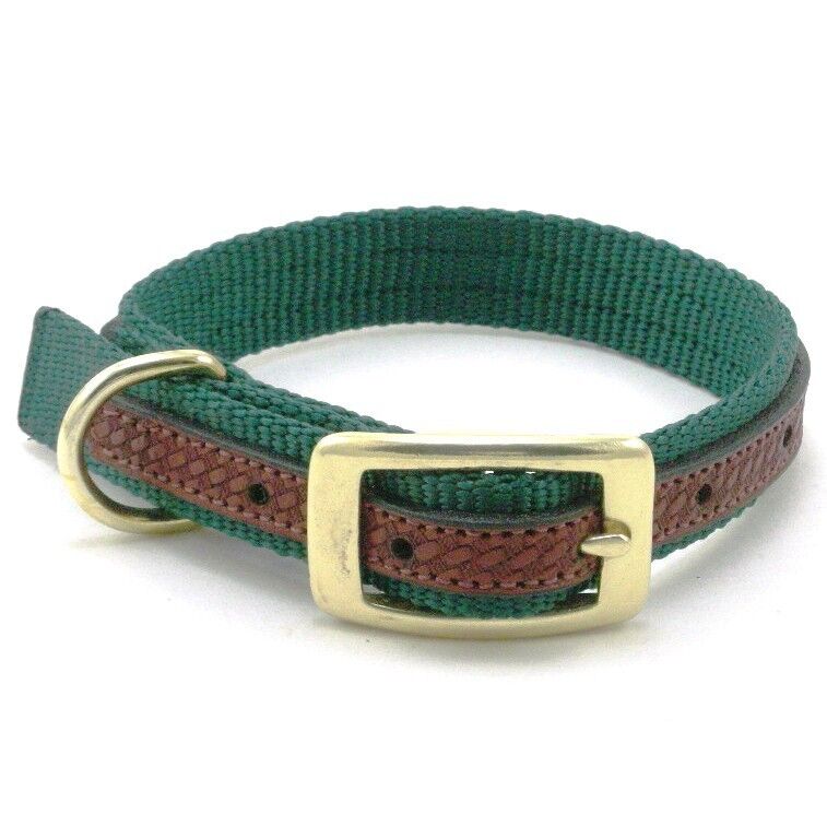 WEAVER Traditions West Nylon Dog Collar, Leather Overlay, 13" x 3/4", Hntr Green