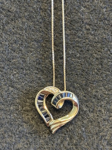 Sapphire & Diamonds 10K Gold Necklace Heart Pendant W/ 24” 10K Box Chain