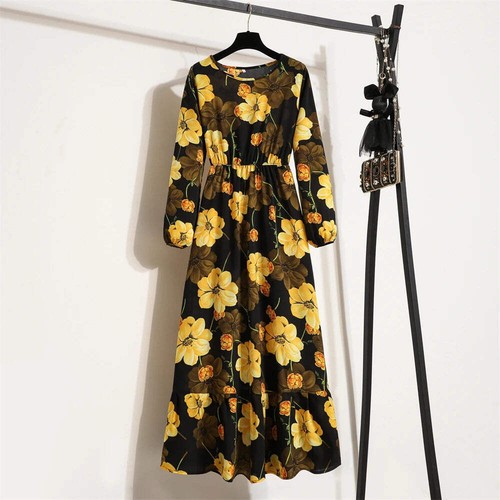 Maxi Dresses Casual Full Sleeve Floral Printed O-neck Woman Long Dress - Picture 7 of 122