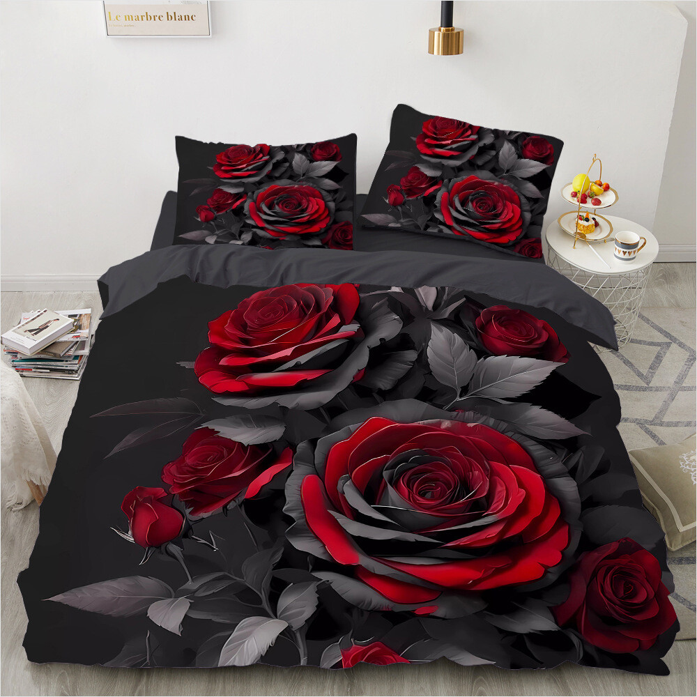 Juego de cama doble funda nórdica funda de almohada gótica con flores de rosa negra