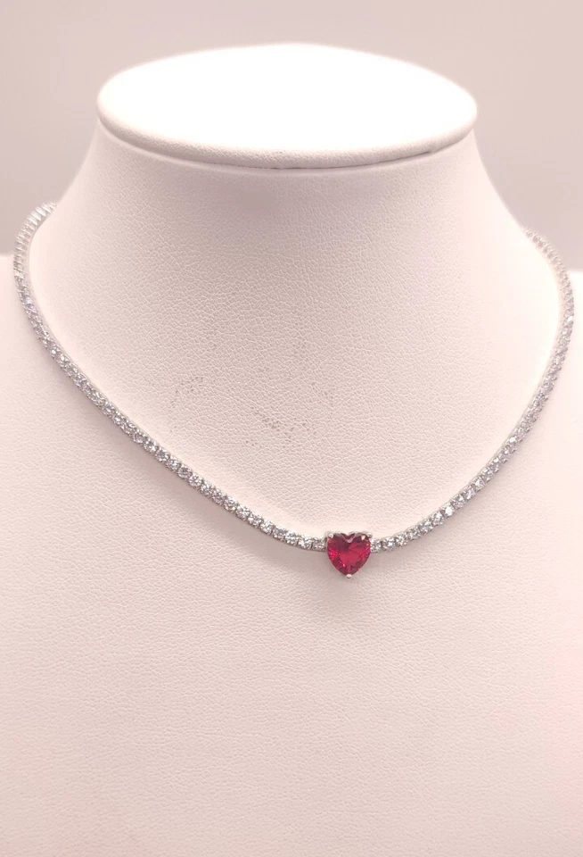 Choker  collana tennis in Argento 925  zirconi bianchi  e  Cuore Rosso Rubino - Immagine 4 di 4