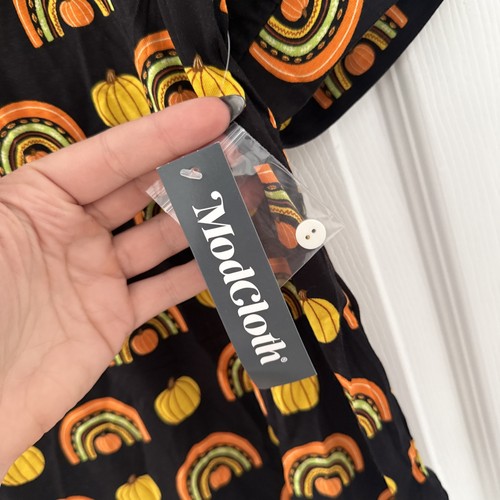 NWT Modcloth S Halloween Top Rainbow Pumpkin Print Blouse Novelty Black Orange - Picture 4 of 5